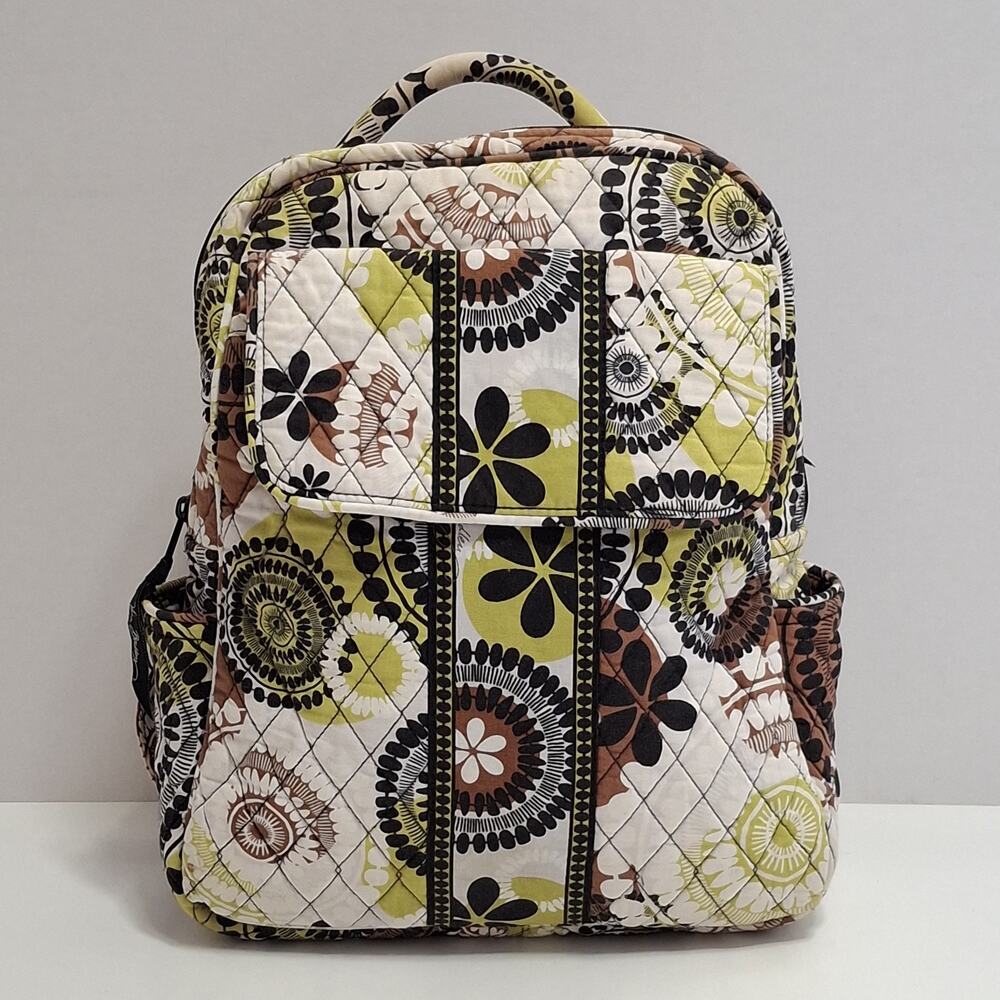 Vera Bradley Quilted Backpack Floral Zipper Pockets Green & Brown